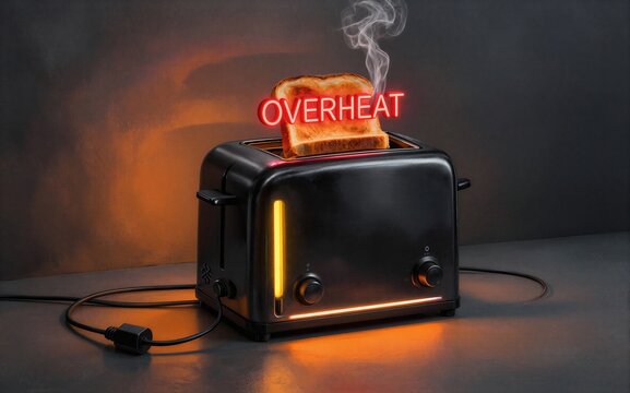 Toaster overheats emitting smoke and a glowing "OVERHEAT" sign in