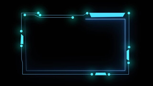 Neon blue futuristic digital frame with elements. Neon blue futuristic frame for technology display. Neon blue futuristic frame animation for HUD.