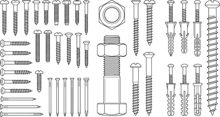 Large Collection of Screws Bolts Nuts Nails and Wall Anchors Vector Hardware Fasteners Illustration © MdShah