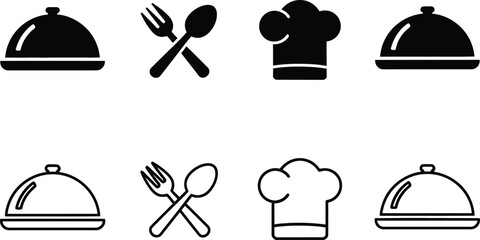 Collection of restaurant and culinary icons featuring serving domes cutlery and chef hats for kitchens © MDABDUS