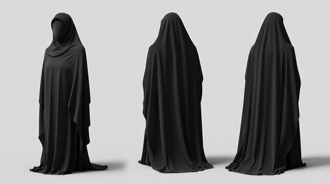 A blank mockup of a black female khimar, showing the front and back
