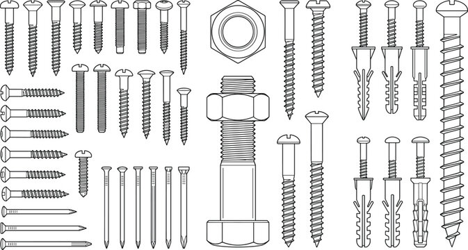 Large Collection of Screws Bolts Nuts Nails and Wall Anchors Vector Hardware Fasteners Illustration