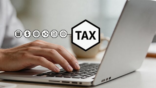 Tax calculation process flow chart with icons on laptop keyboard, financial compliance and accounting software concept, digital taxation system and revenue management for business