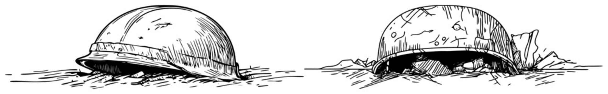 Military combat helmets resting on ground in expressive ink sketch style