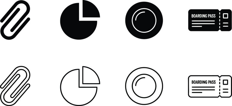 Collection of simple business and travel icons featuring paperclips pie charts circles and boarding pass symbols