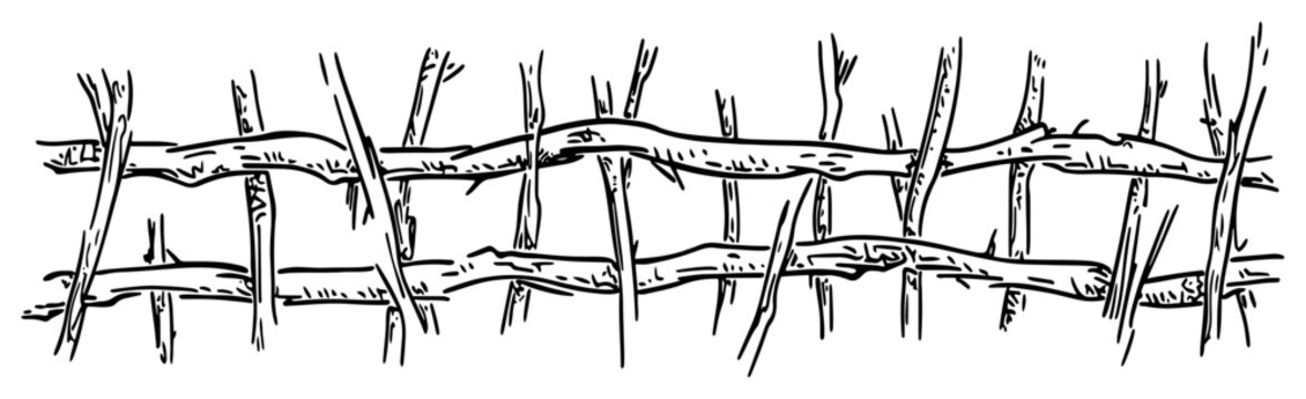 Wooden branch fence and rustic wattle barrier in vintage woodcut engraving style