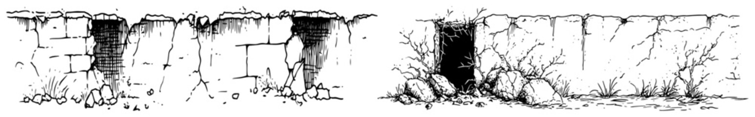 Ruined stone walls with cracks and vegetation in hand drawn sketch style © Kaz