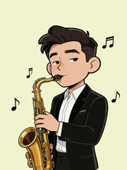 Fototapeta premium Cartoon Male Musician Playing Saxophone in Formal Wear