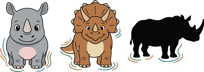 Cute Rhinoceros and Triceratops Cartoon Animal Collection with Wildlife Silhouette Character Set for Kids Vector Illustration Design © Sultana