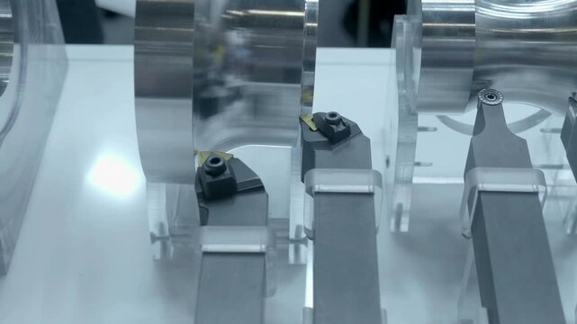 A range of new cutters for lathe machines, of various characteristics and purposes, are presented at the exhibition. Closeup. Shot in motion