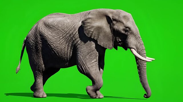 Majestic African Elephant Walking on a Vibrant Green Screen Background 1.