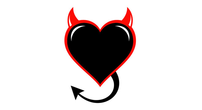 Devil Heart Icon with Horns and Tail, Symbolizing Evil Love or Bad Romance