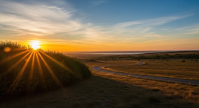 Winding road through a serene landscape at sunset