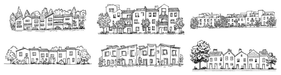 Naklejka premium Houses collection with various street views and townhouses in vintage engraving style