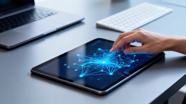 Hand interacting with digital network on tablet
