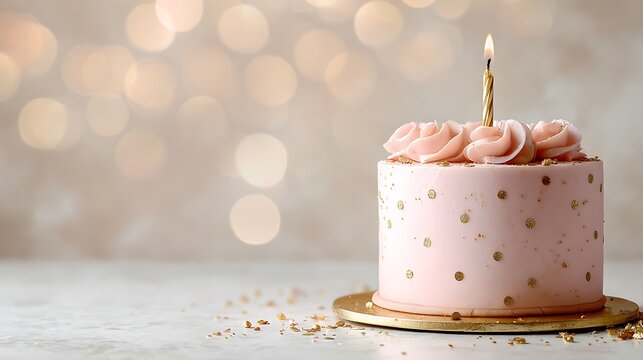 A soft pink birthday cake with gold confetti and a single candle