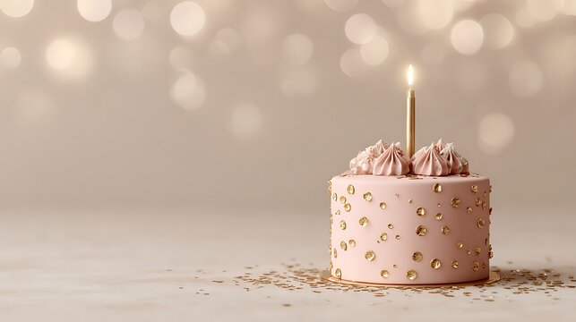 A soft pink birthday cake with gold confetti and a single candle