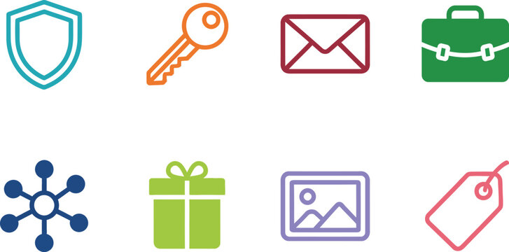 Colorful set of web interface icons featuring security shields keys mail and business briefcase symbols