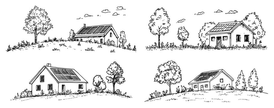 Suburban family houses with solar panels and trees in vintage engraving style