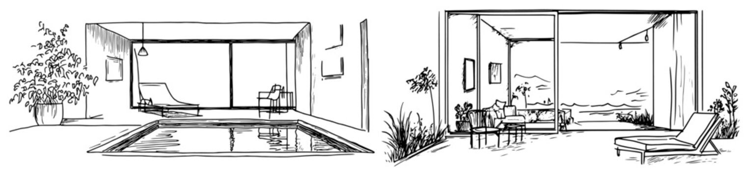 Modern luxury interiors with swimming pool and terrace view in architectural sketch style