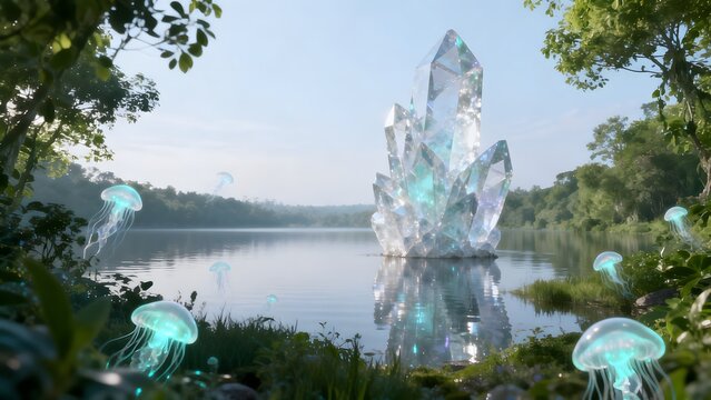 Crystal formation in serene lake surrounded by jellyfish