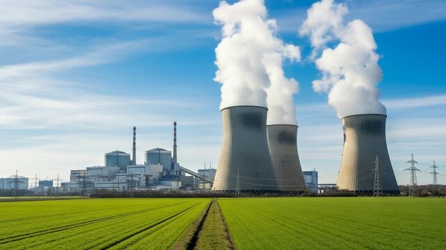 Nuclear power plant with cooling towers and green field