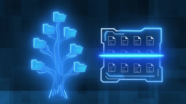 Futuristic blue neon file management interface animation. Futuristic blue neon for digital data storage. Futuristic blue neon for tech server.