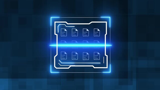 Blue neon data archive and file storage icon. Blue neon data for digital information backup. Blue neon data animation for cloud technology.