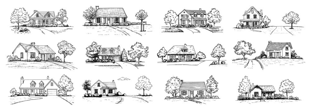 Traditional suburban family homes with driveways and front yards in detailed sketch style