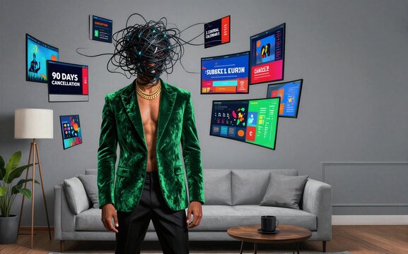 Man in green suit overwhelmed by digital screens symbolizing online
