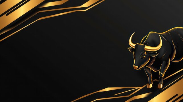 Black bull with golden horns and hooves on a black background with golden lines.