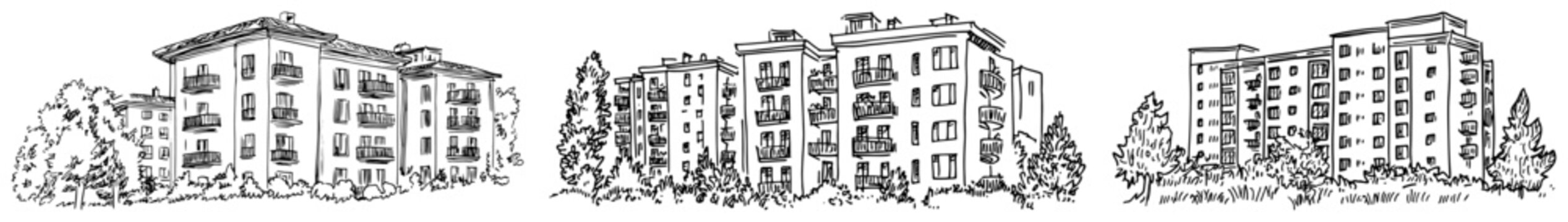 Multi-story apartment buildings and urban residential blocks in vintage hand drawn style