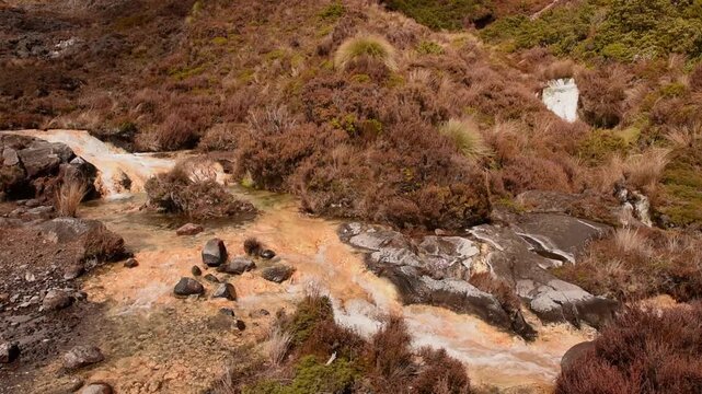 Silica Rapids on the slopes of volcanic Mount Ruapehu, Tongariro National Park New Zealand. Creamy white aluminium and silicate minerals dissolved in the water are deposited on the stream bed.