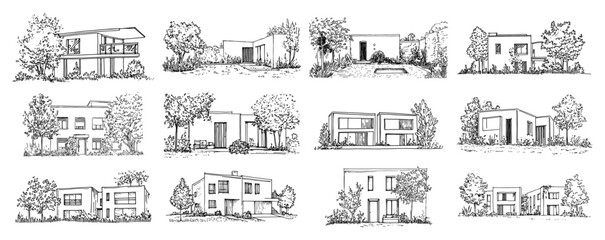 Obraz premium Modern minimalist villa collection featuring contemporary houses with trees in hand drawn sketch style