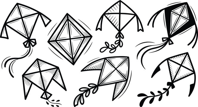  hand drawn flying kites silhouette line art vector illustration 
