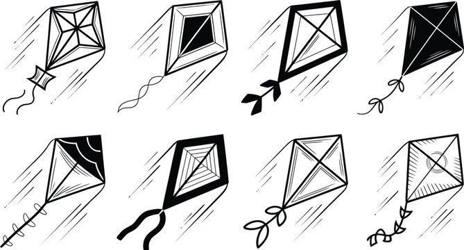  hand drawn flying kites silhouette line art vector illustration 