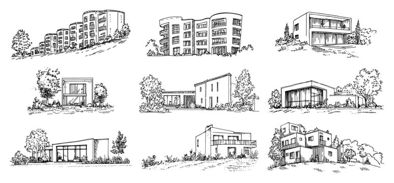 Modern apartment buildings and cubic residential villas on hillside in hand drawn sketch style