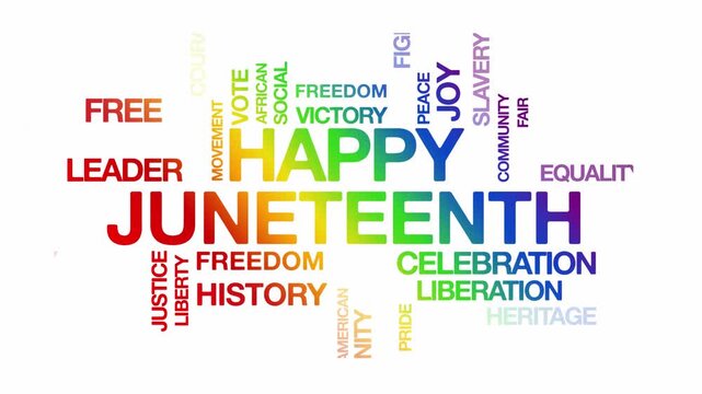 Happy juneteenth concept Animated Tag Word Cloud kinetic typography, Text Design Animation typography seamless loop video motion graphics Intro Wordart arrangement rainbow type on white background bg 