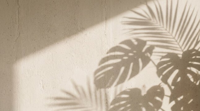 Minimalist Beige Wall Background with Tropical Palm and Monstera Leaf Shadows