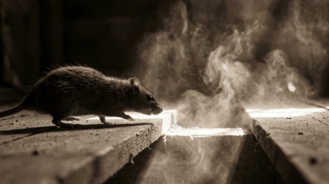 Cinematic macro shot of a wild deer mouse in a dark unhygienic environment with glowing airborne dust particles, hantavirus zoonotic disease transmission and pest infestation concept