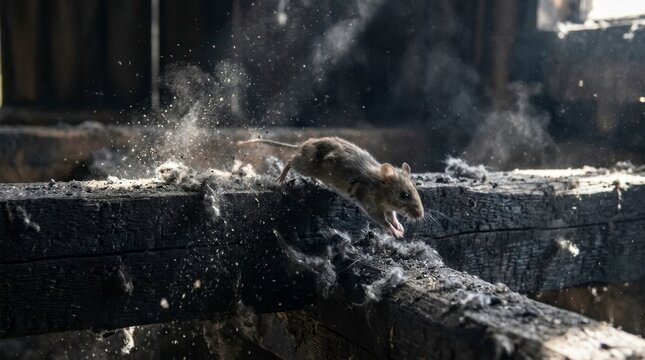 Cinematic macro shot of a wild deer mouse in a dark unhygienic environment with glowing airborne dust particles, hantavirus zoonotic disease transmission and pest infestation concept