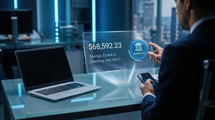 Fototapeta premium Holographic Banking Hologram: Digital Finance Management with Real-Time Savings & Checking