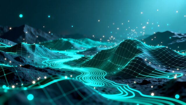 Digital landscape with glowing lines and mountains