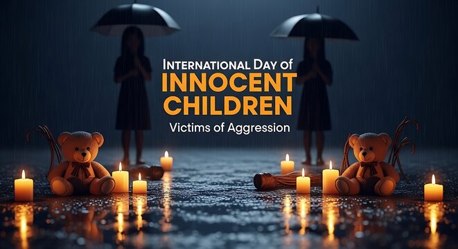 International day of innocent children victims of aggression conceptual scene featuring two silhouettes under black umbrellas with lit candles and teddy bears on a dark rain soaked pavement at night
