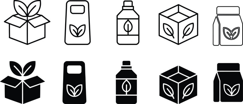 Eco friendly packaging icons set, sustainable product design, green shipping and biodegradable materials