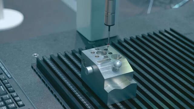 The machine uses a measuring probe to meter the exact dimensions of the part and enters them into the computer for further processing. Closeup. Shot in motion