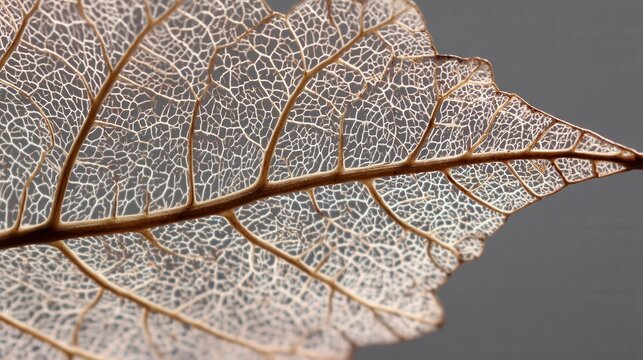 Backlit leaf skeleton revealing intricate veins and lace texture, warm amber tones on soft grey background, highdetail macro capture highlighting venation structure and fragile filigree pattern,