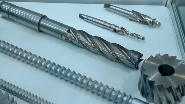 A range of new, shiny cutters for milling machines, of various shapes and purposes, are presented at the exhibition. Closeup. Shot in motion