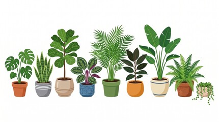 Fototapeta premium A diverse collection of potted houseplants with various leaf shapes and pot designs arranged neatly in a row.