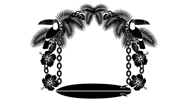 Black surfboard with floral chain.